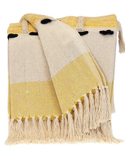 50" X 60" Yellow and Ivory Woven Cotton Striped Throw Blanket with Tassels