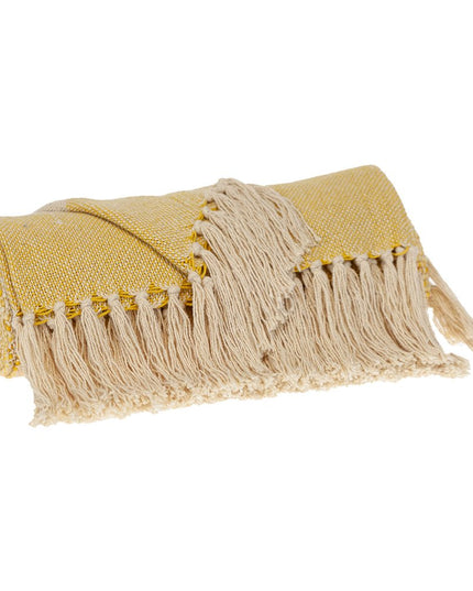 50" X 60" Yellow and Ivory Woven Cotton Striped Throw Blanket with Tassels