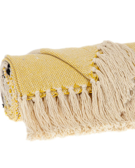 50" X 60" Yellow and Ivory Woven Cotton Striped Throw Blanket with Tassels