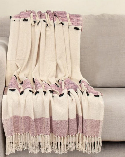 50" X 60" Purple and Ivory Woven Cotton Striped Throw Blanket with Tassels