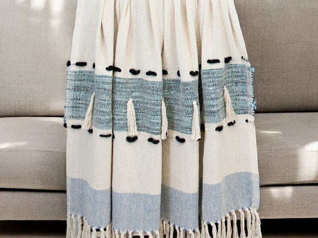 50" X 60" Blue and Ivory Woven Cotton Striped Throw Blanket with Tassels