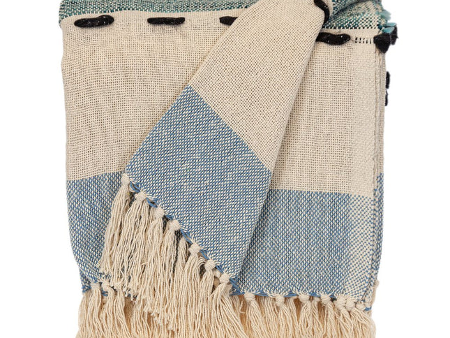 50" X 60" Blue and Ivory Woven Cotton Striped Throw Blanket with Tassels