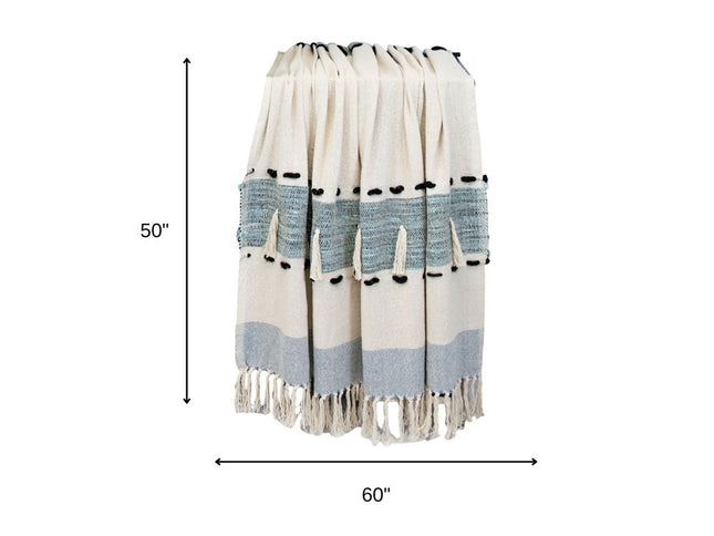 50" X 60" Blue and Ivory Woven Cotton Striped Throw Blanket with Tassels