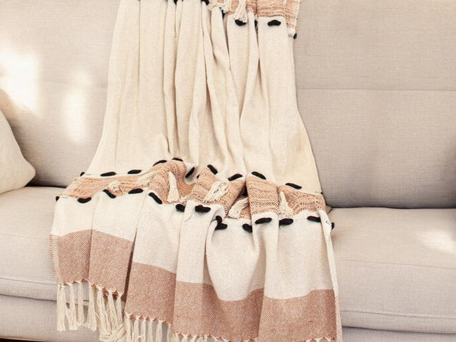50" X 60" Brown and Ivory Woven Cotton Striped Throw Blanket with Tassels