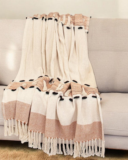50" X 60" Brown and Ivory Woven Cotton Striped Throw Blanket with Tassels