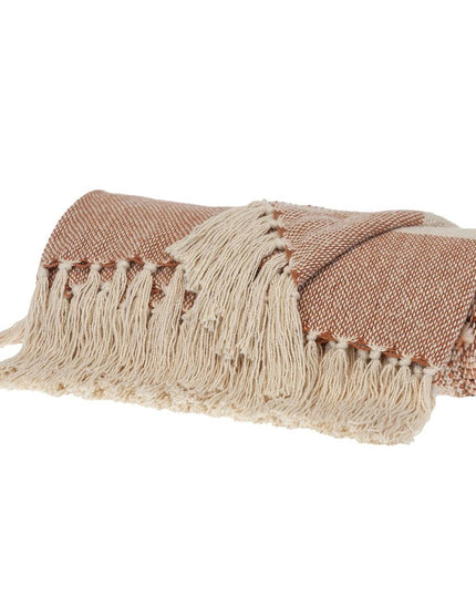 50" X 60" Brown and Ivory Woven Cotton Striped Throw Blanket with Tassels