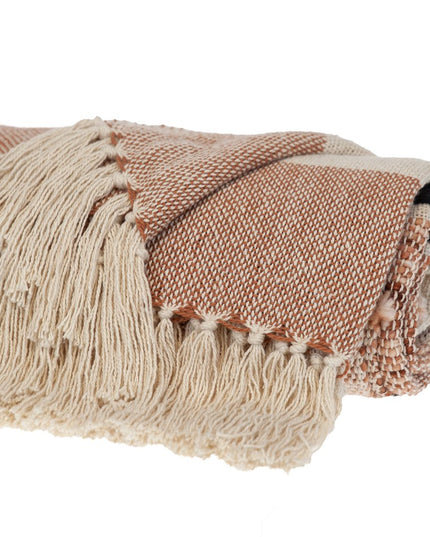 50" X 60" Brown and Ivory Woven Cotton Striped Throw Blanket with Tassels