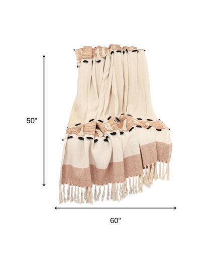 50" X 60" Brown and Ivory Woven Cotton Striped Throw Blanket with Tassels