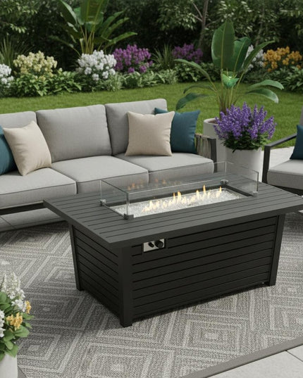 50000 BTU 54" Black And Clear Aluminum Propane Rectangular Fire pit table With Cover
