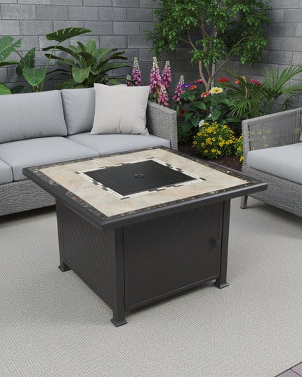 50000 BTU 40" Black And Brown Steel Propane Square Fire pit table With Cover