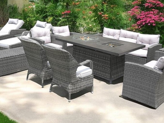 Twelve Piece Outdoor Gray Wicker Multiple Chairs Seating Group Fire Pit Included with White Cushions