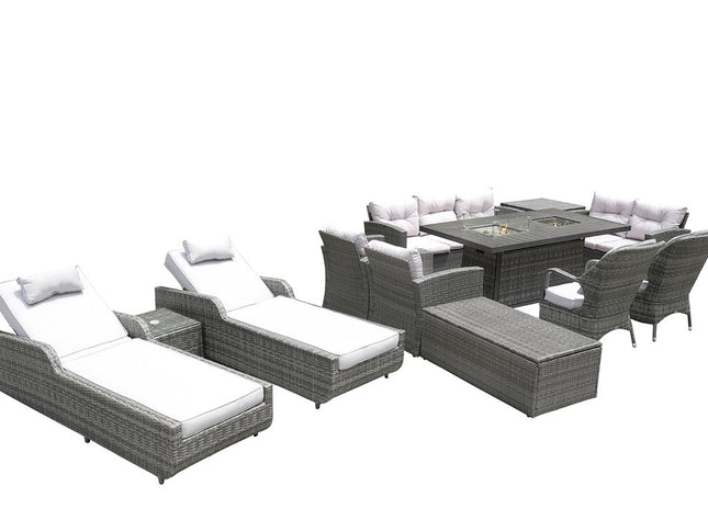 Twelve Piece Outdoor Gray Wicker Multiple Chairs Seating Group Fire Pit Included with White Cushions