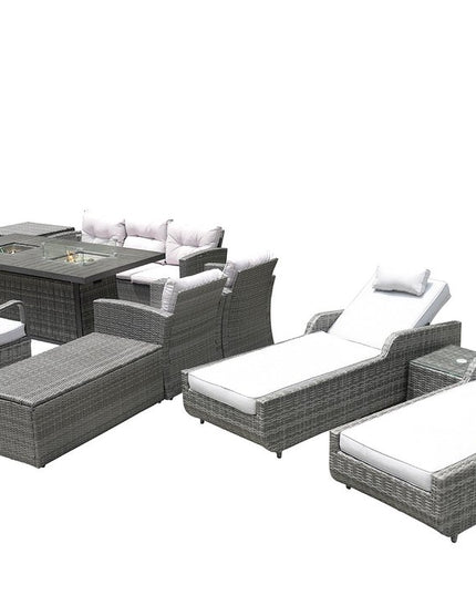 Twelve Piece Outdoor Gray Wicker Multiple Chairs Seating Group Fire Pit Included with White Cushions