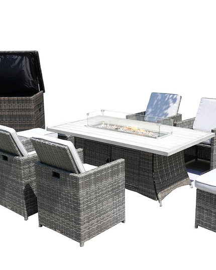 Ten Piece Outdoor Gray Wicker Multiple Chairs Seating Group Fire Pit Included with White Cushions