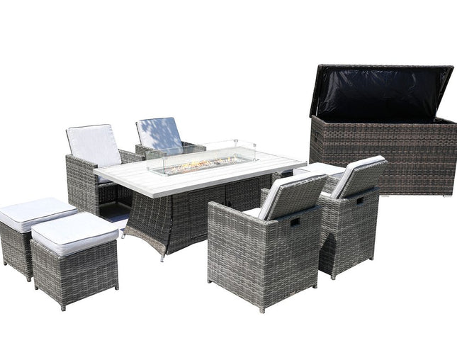 Ten Piece Outdoor Gray Wicker Multiple Chairs Seating Group Fire Pit Included with White Cushions