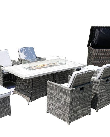 Ten Piece Outdoor Gray Wicker Multiple Chairs Seating Group Fire Pit Included with White Cushions