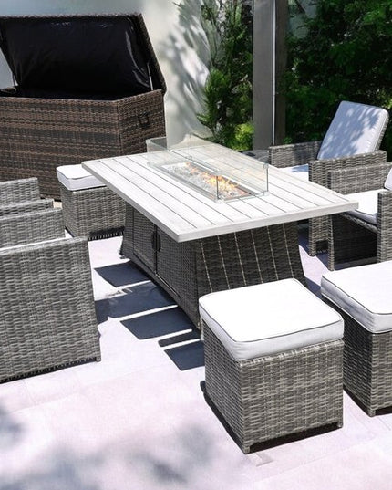 Ten Piece Outdoor Gray Wicker Multiple Chairs Seating Group Fire Pit Included with White Cushions
