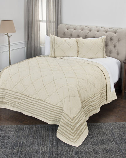 Ivory Geometric King Kantha Stitch Quilt With Shams