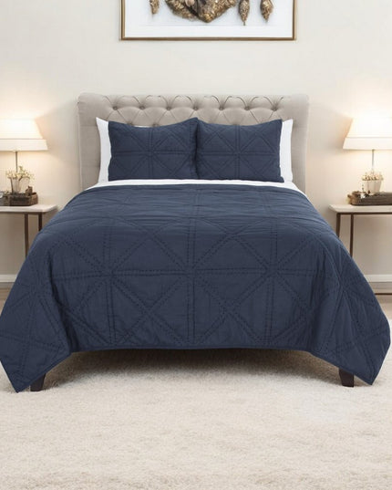 Set of Three Indigo Geometric King Quilt