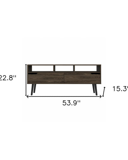 54" Dark Brown Walnut Enclosed and Open Storage TV Stand