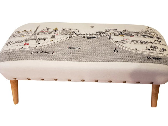 38" Cream Wool And Brown Ottoman