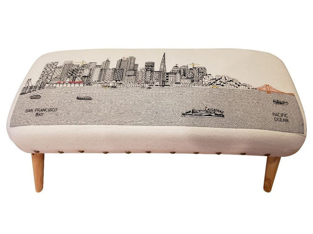 38" Cream Wool and Brown Ottoman