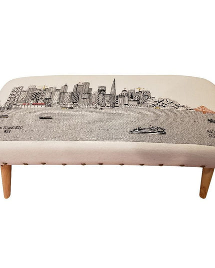 38" Cream Wool and Brown Ottoman