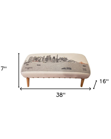 38" Cream Wool and Brown Ottoman