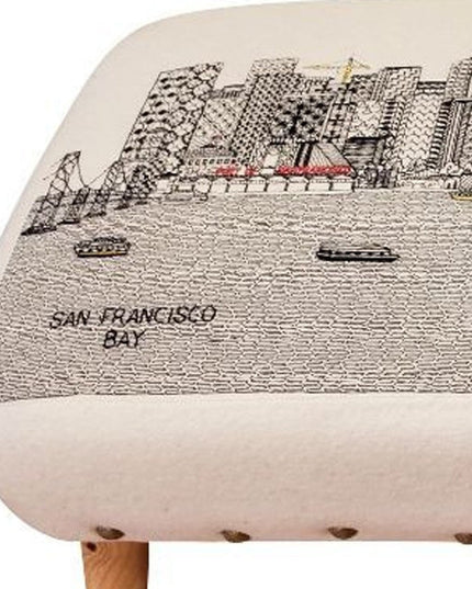 38" Cream Wool and Brown Ottoman