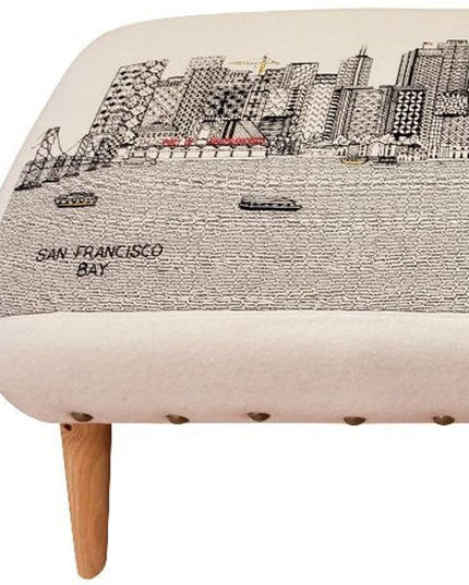 38" Cream Wool and Brown Ottoman