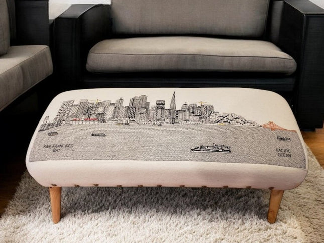 38" Cream Wool and Brown Ottoman