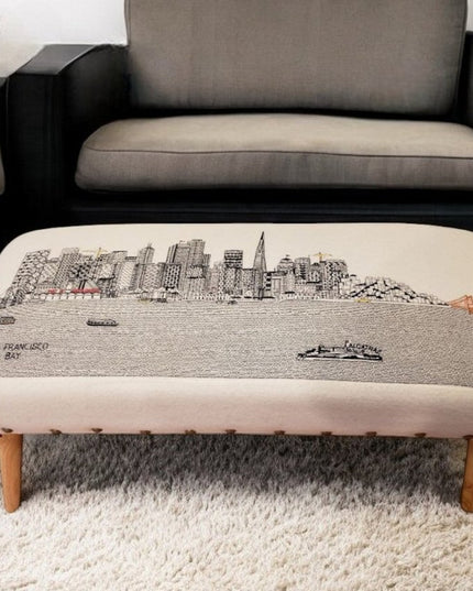 38" Cream Wool and Brown Ottoman