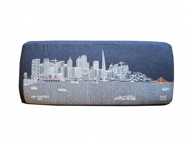 38" Gray Wool and Brown Ottoman