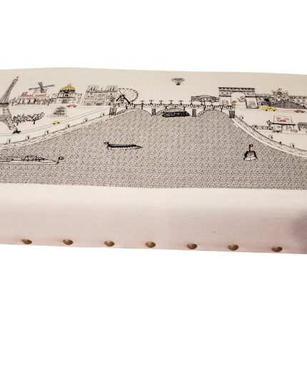 38" Cream Wool and Brown Ottoman