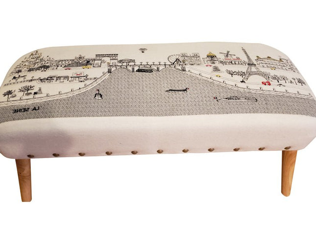 38" Cream Wool and Brown Ottoman