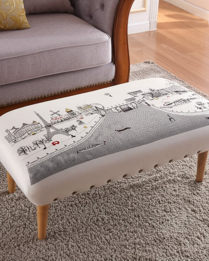 38" Cream Wool and Brown Ottoman