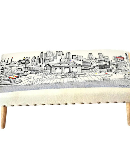 38" Cream Wool And Brown Ottoman