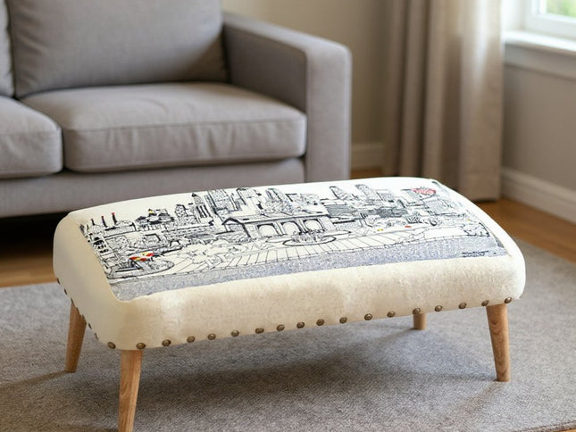 38" Cream Wool And Brown Ottoman