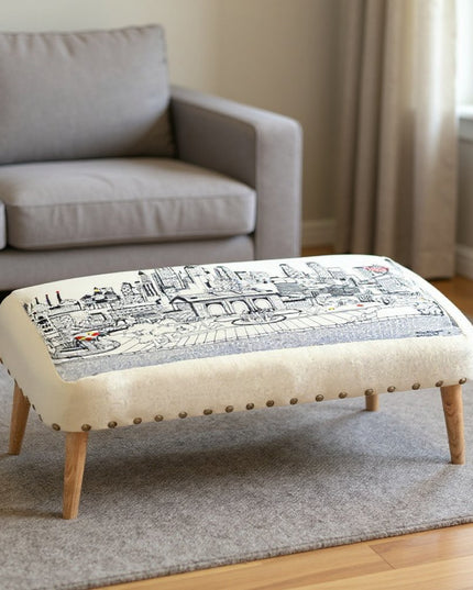 38" Cream Wool And Brown Ottoman