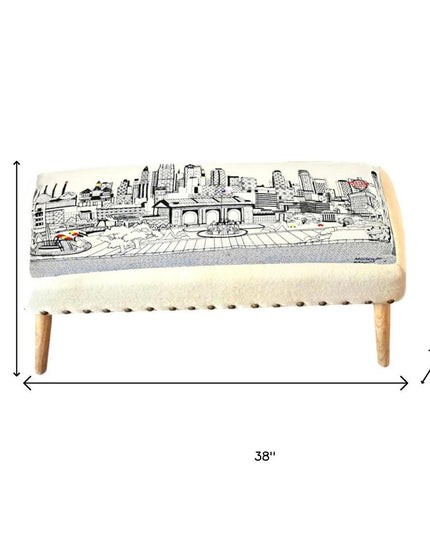 38" Cream Wool And Brown Ottoman