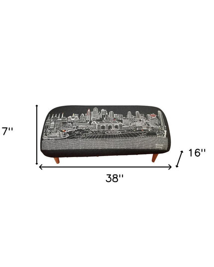 38" Black Wool and Brown Ottoman