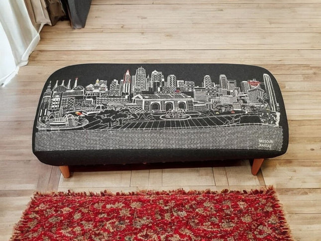 38" Black Wool and Brown Ottoman