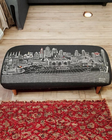 38" Black Wool and Brown Ottoman