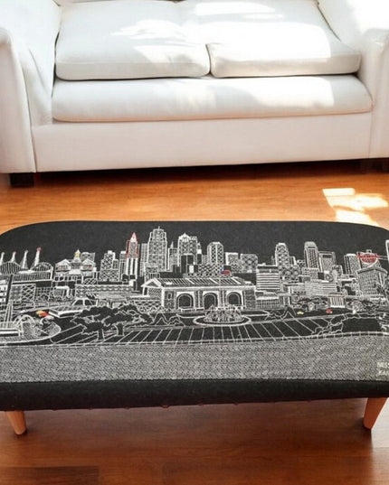 38" Black Wool and Brown Ottoman