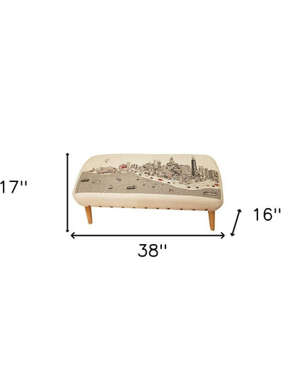 38" Cream Wool and Brown Ottoman