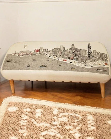 38" Cream Wool and Brown Ottoman