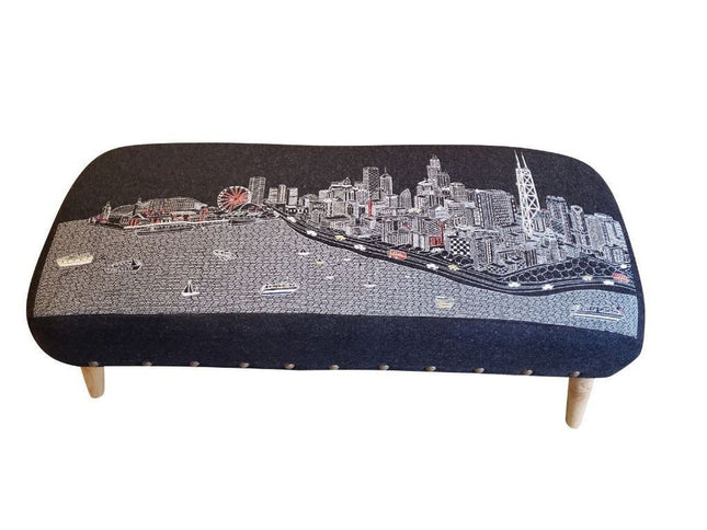 38" Gray Wool and Brown Ottoman