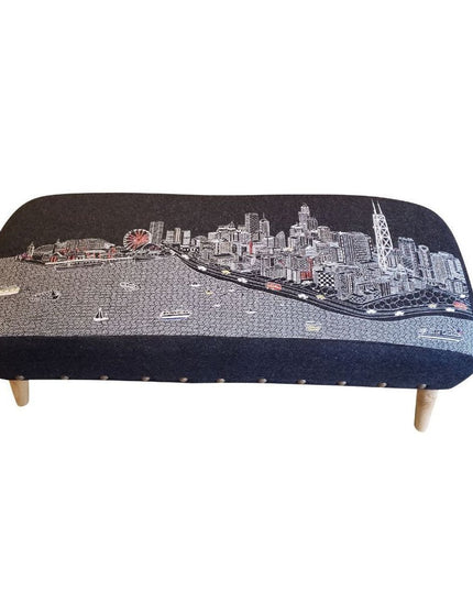 38" Gray Wool and Brown Ottoman