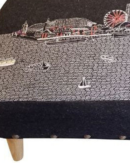 38" Gray Wool and Brown Ottoman