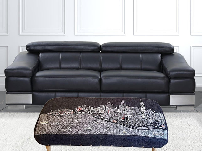 38" Gray Wool and Brown Ottoman